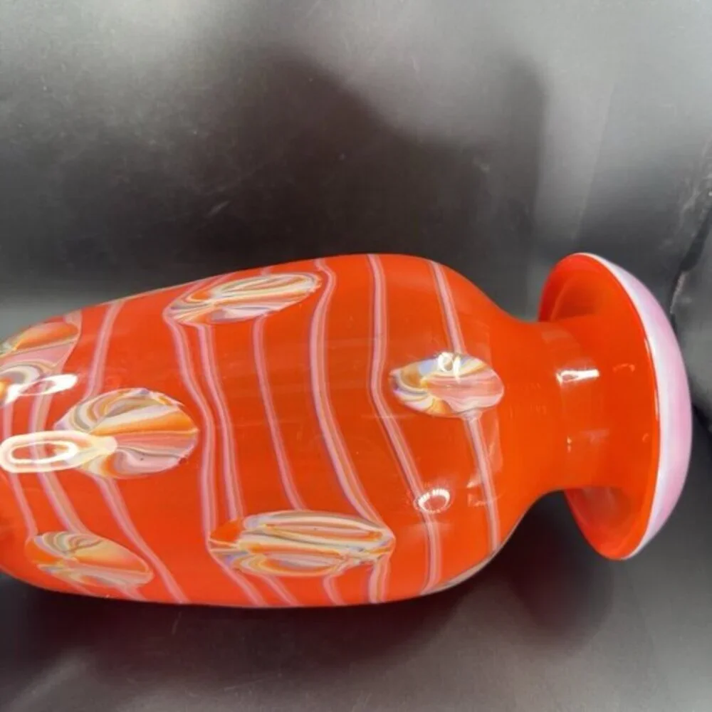 Tall Art Glass Vase Vessel Mushroom Top Orange With White Swirl Glass Vase 12inc